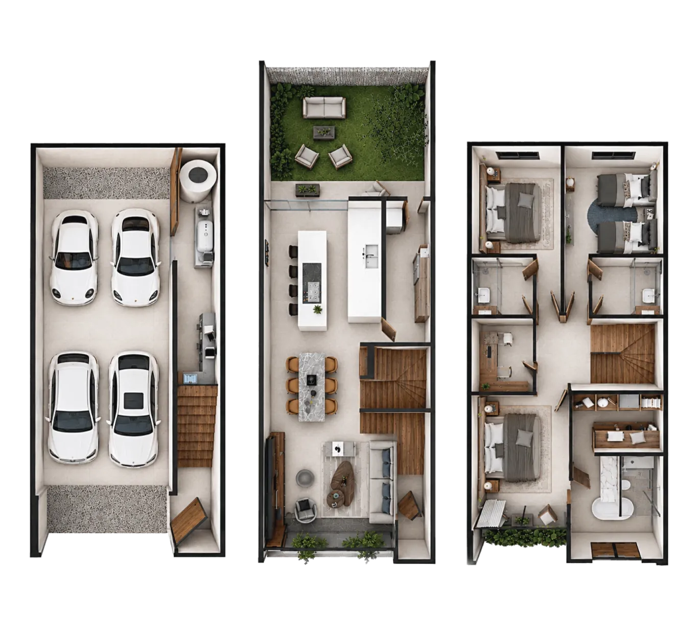 Distribución en 3 plantas — Casa Serena, Punta Serra